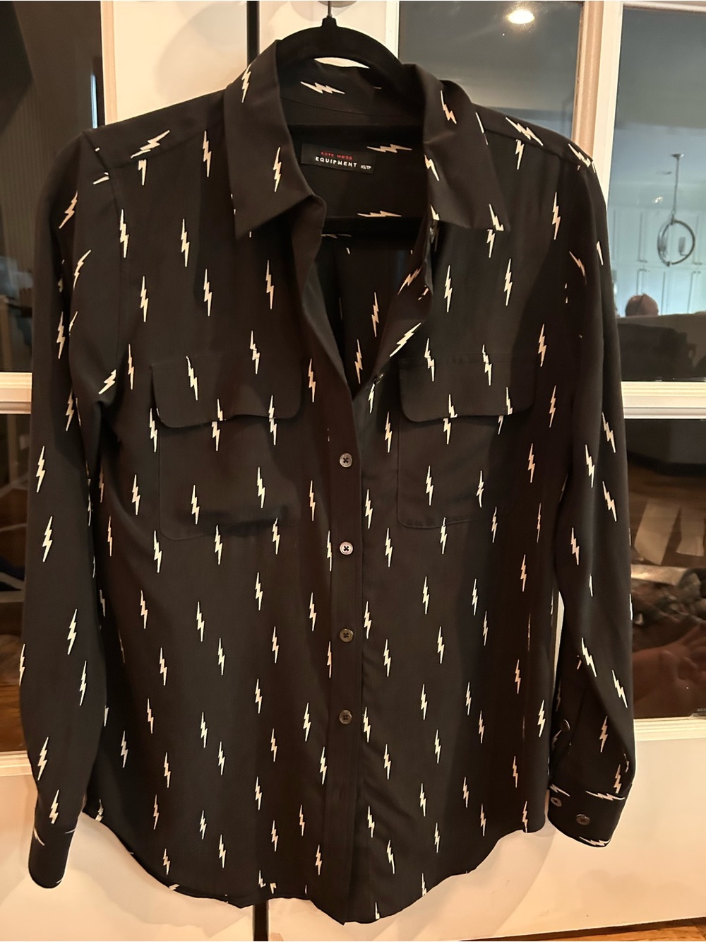 Equipment Black Button-Down Shirt with Cream Lightning Bolt Print